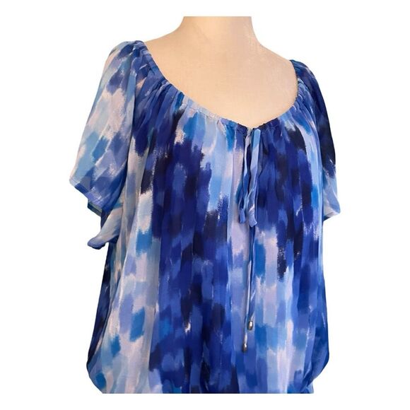 Calvin Klein Watercolor Peplum Blouse Blue White Chiffon Short Sleeve Lined XL - Picture 2 of 6